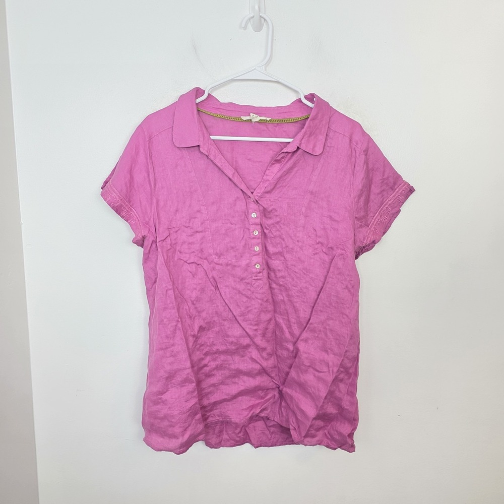 White Stuff Purple 100% Linen Henley Shirt Sleeve Boho Granola Girl Top Size 12